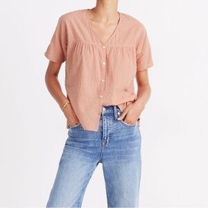 Madewell Rhyme Button Front Top Clipdot Short Sleeve V-Neck Cotton Blouse Medium